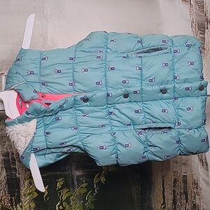 Double Deer Girls Large puffy zip up turquoise acrylic vest with purple Owls